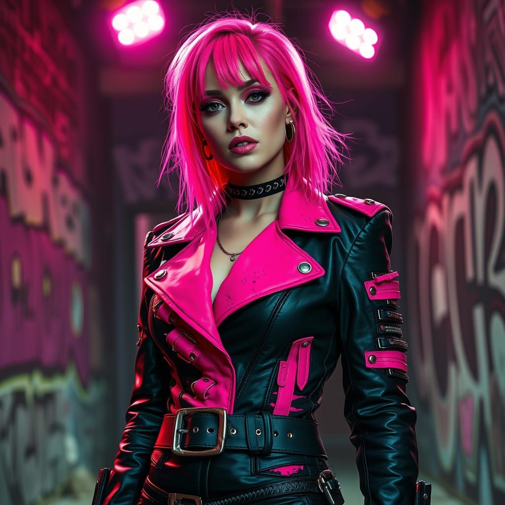 Punk Woman in Black and Pink Suit on Urban Street