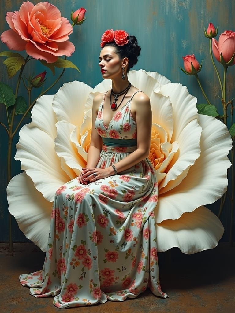 Frida Kahlo on Rose, in Expressionist Style