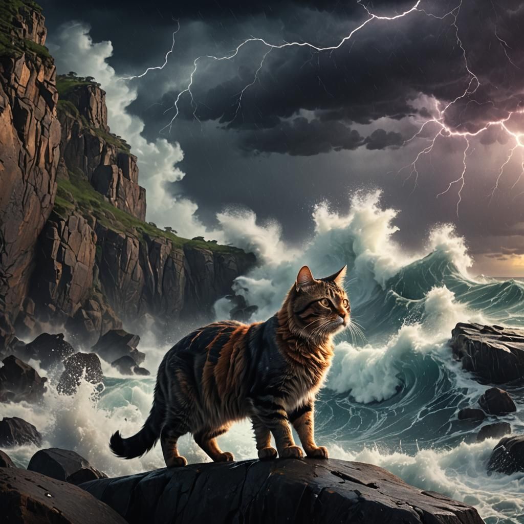Courageous Cat Braves Stormy Ocean in Cinematic Style