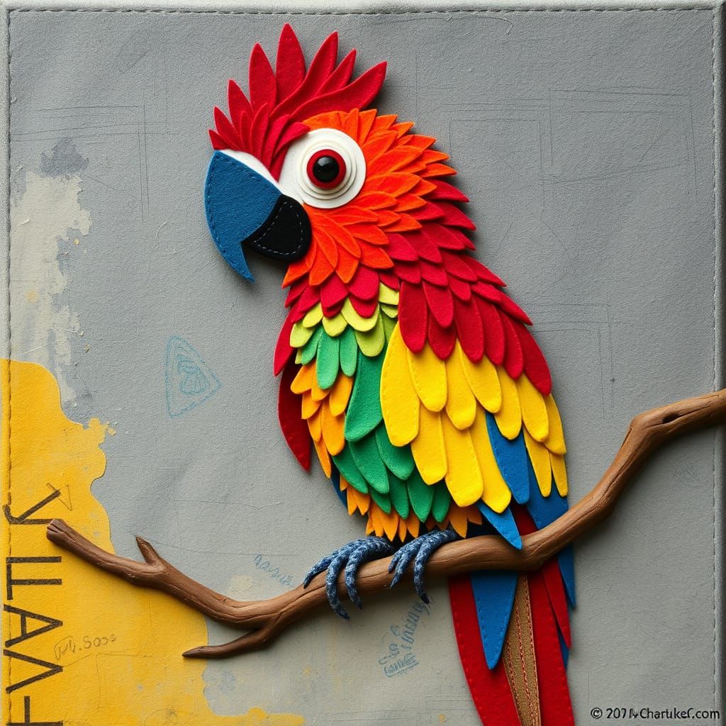 Whimsical Felt Parrot on Branch in Folk Art Style
