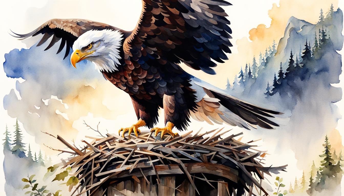 Watercolor Eagle Guarding Empty Nest