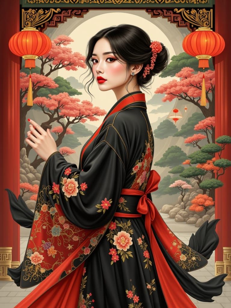 Elegant Portrait in Guo Pei and Art Nouveau Style