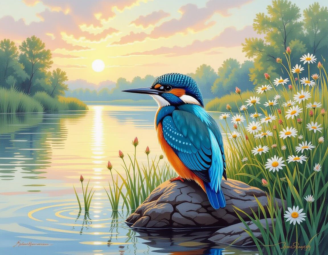 Kingfisher on River Bank in Morning Light