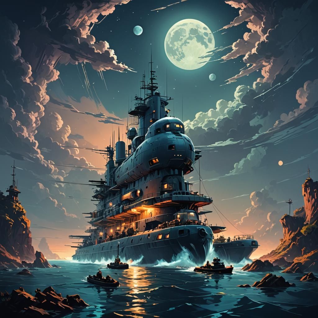 Submarine at Dawn Under Full Moon in 8-bit Style