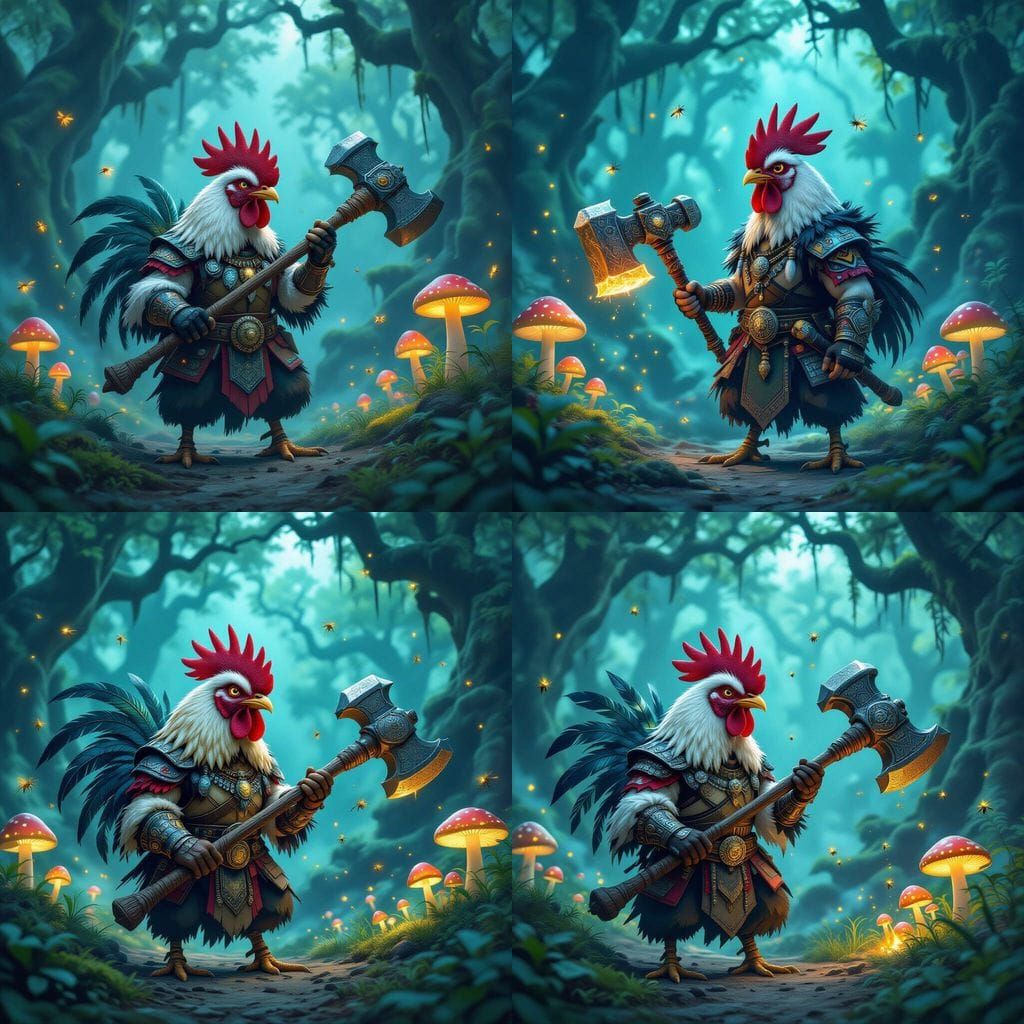 Chicken Warrior with War Hammer in Bioluminescent Forest