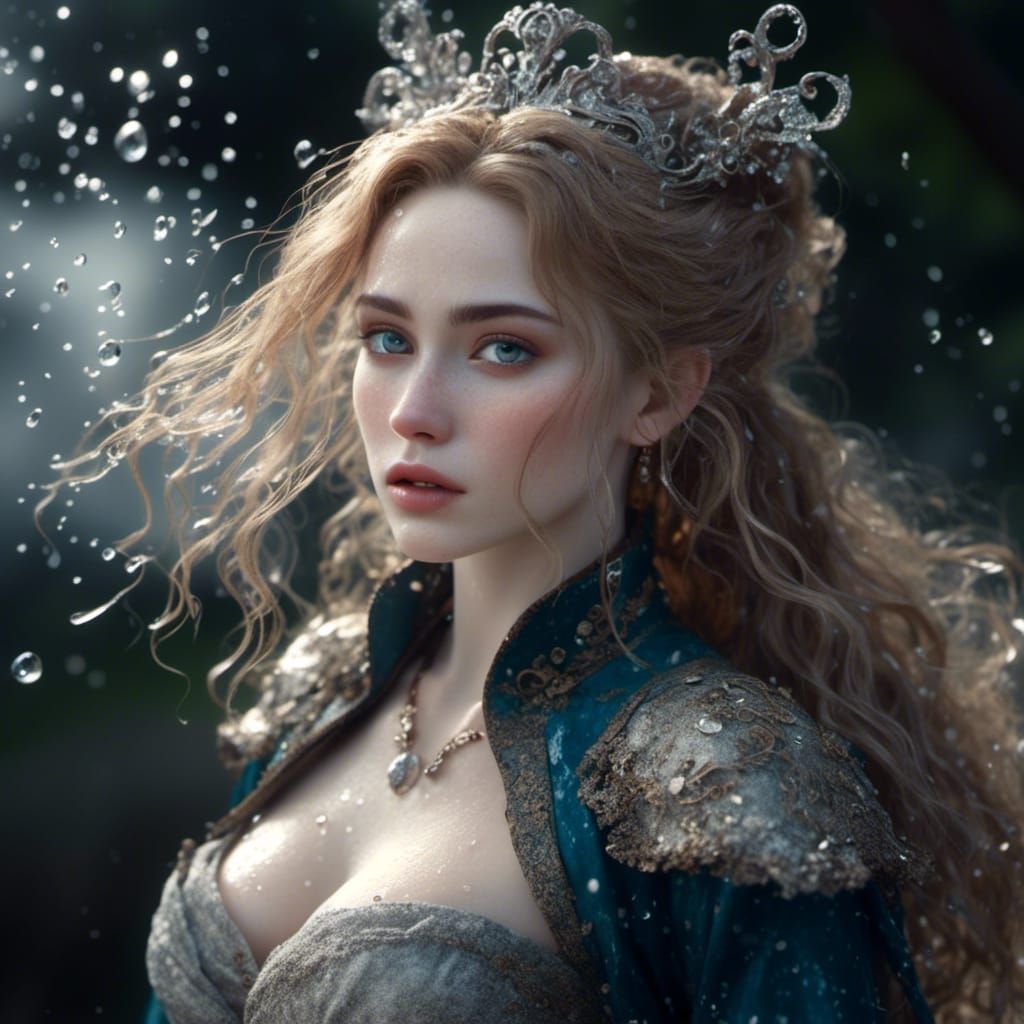 Woman in Opera Gown Walking in Rain, Dark Oil Style