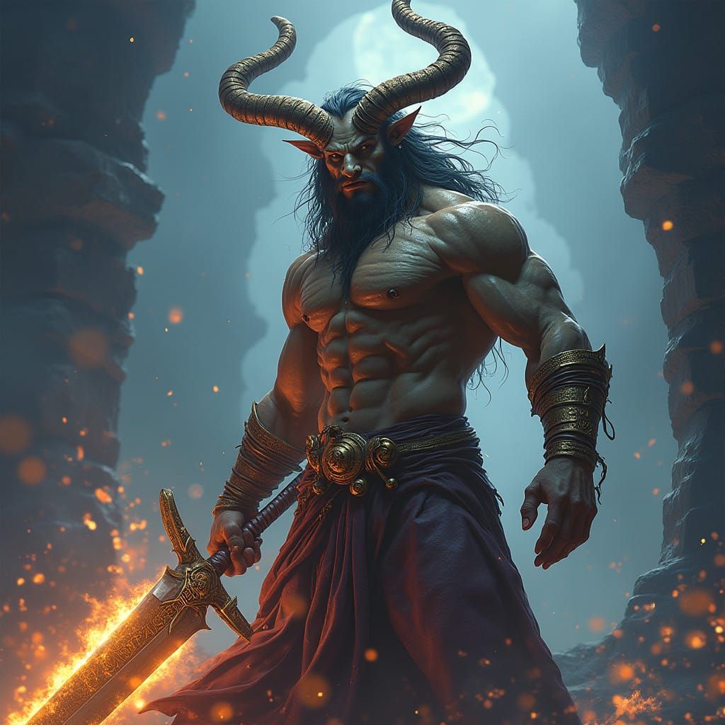 Mythical Warlock Satyr Wields Glowing Great Sword in Dreamli...