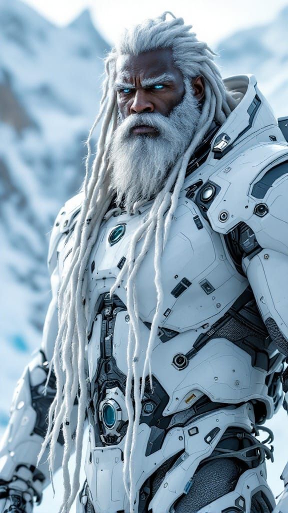 Cyborg Warrior in Icy Expanse: A Towering Figure in Futurist...