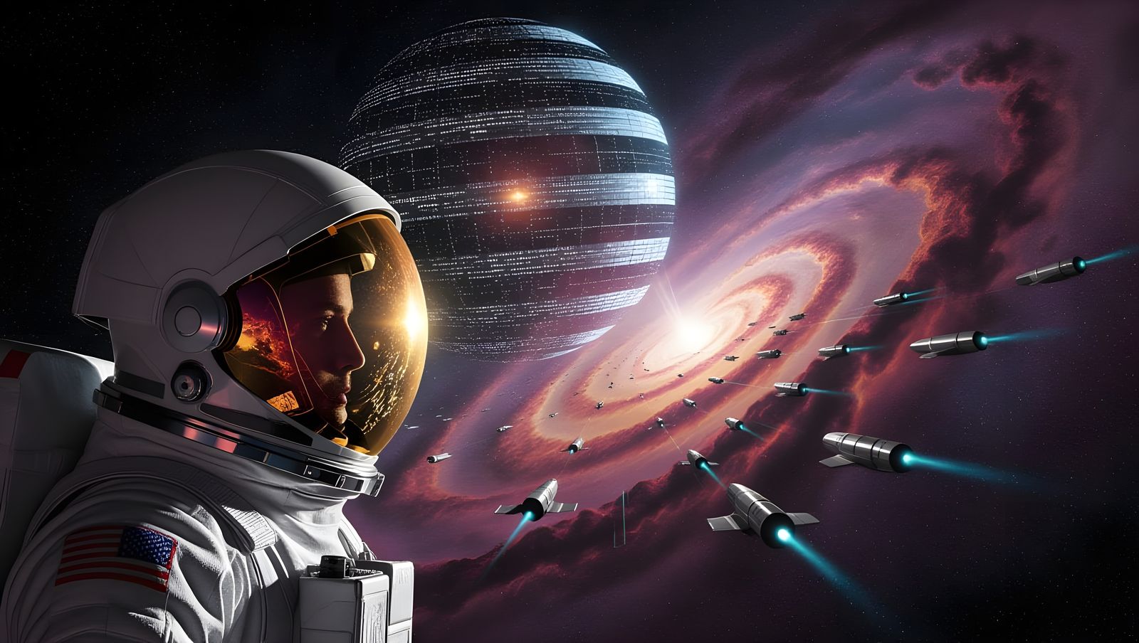 Astronaut Gazing at Dyson Sphere Galaxy in Nebula