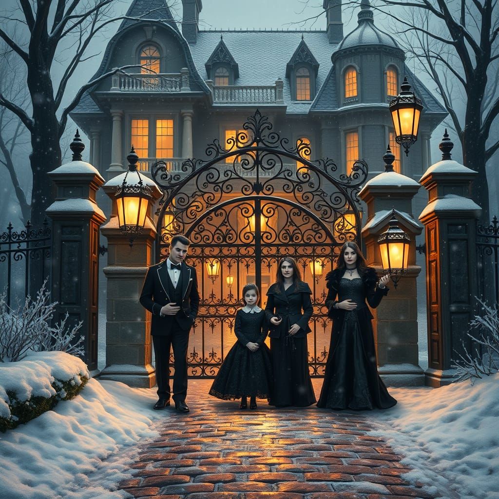 Addams Family in Winter Snowstorm, Dreamlike Style
