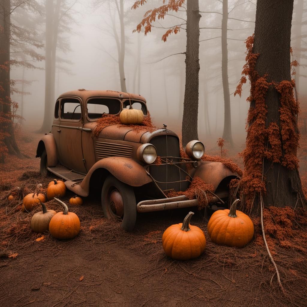 Scarecrows and Rusted Car in Foggy Pumpkin Patch