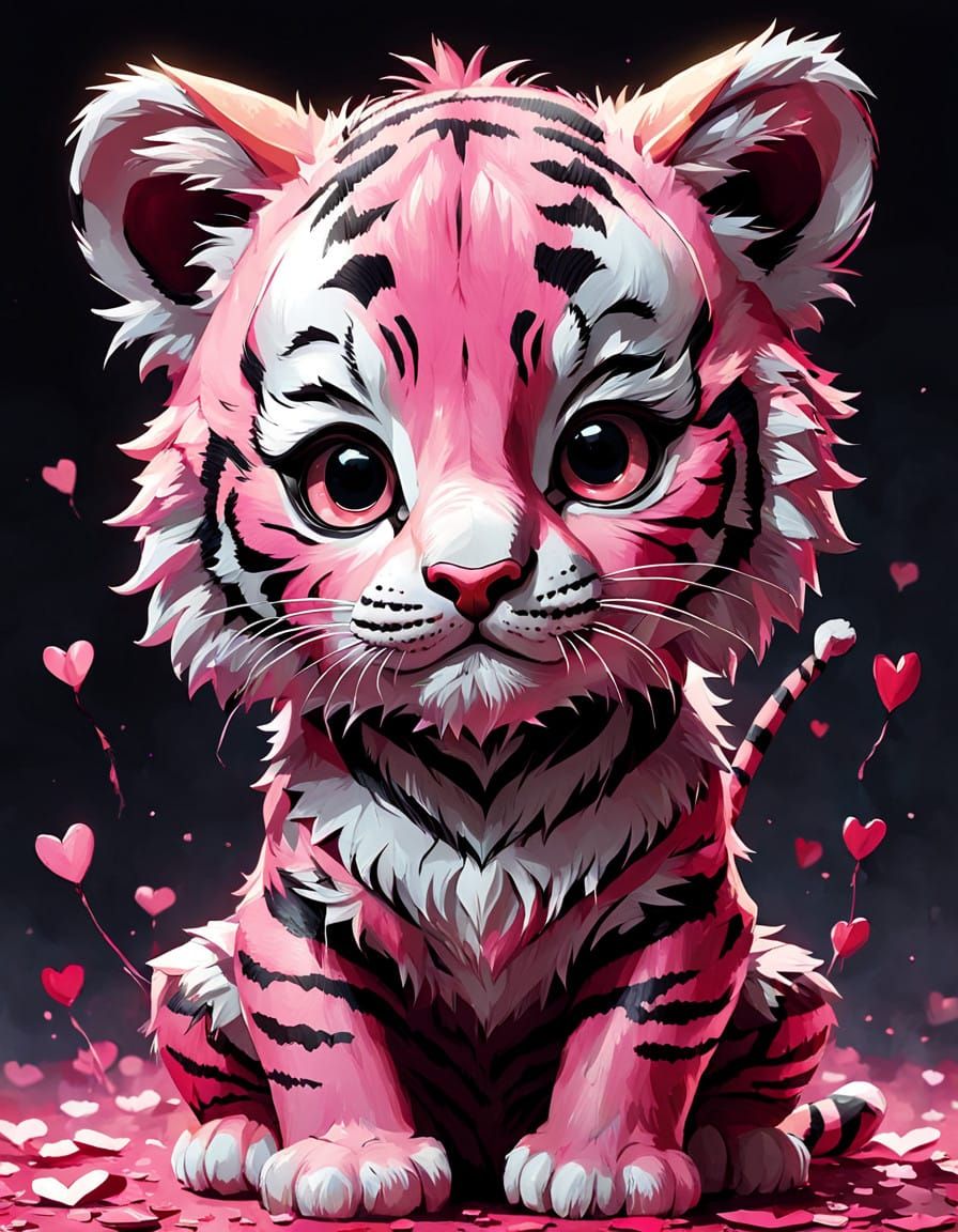 Pink Valentine's Day Baby Tiger in Digital Art Style