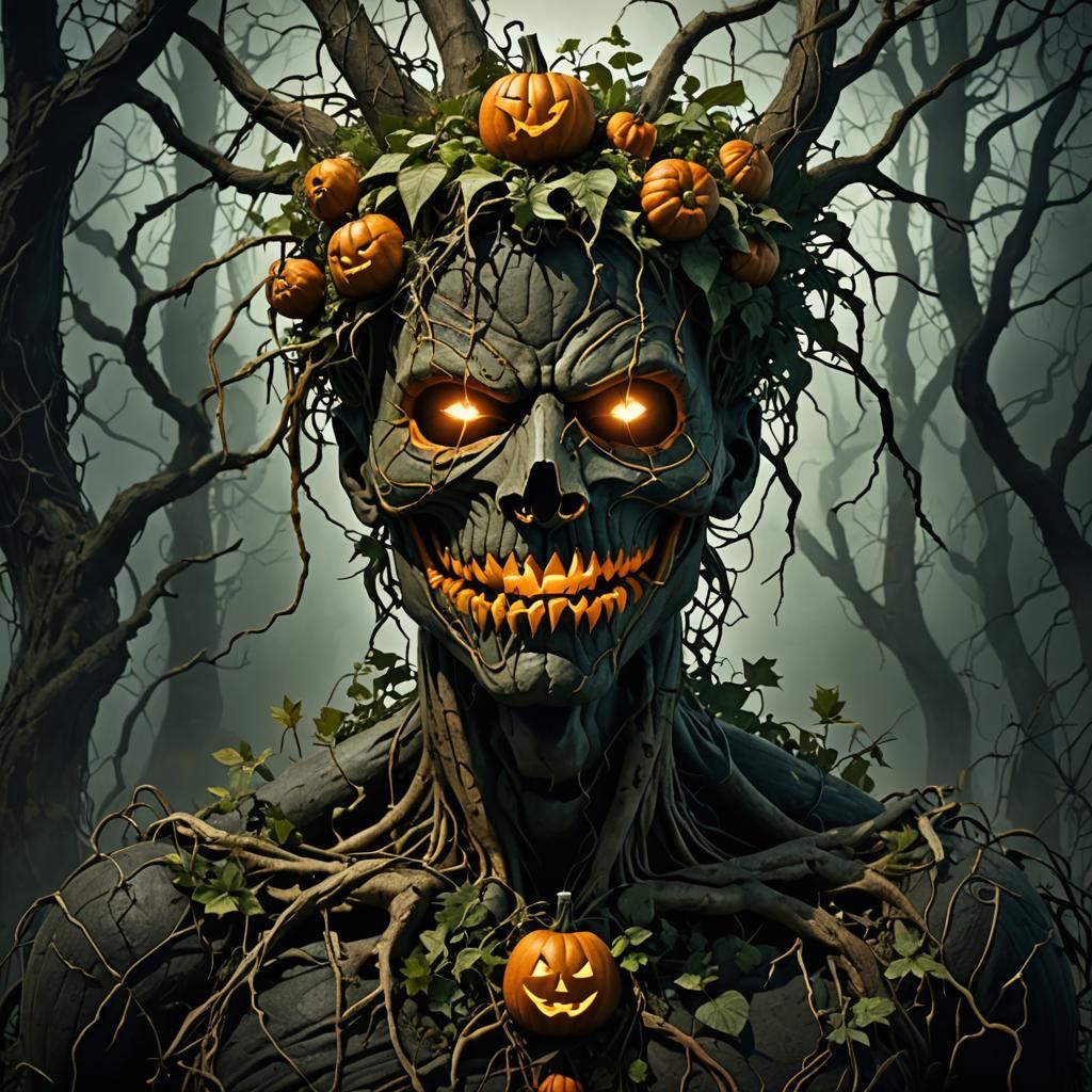 Ominous Jack-o-Lantern Root Creature in Dark Fantasy