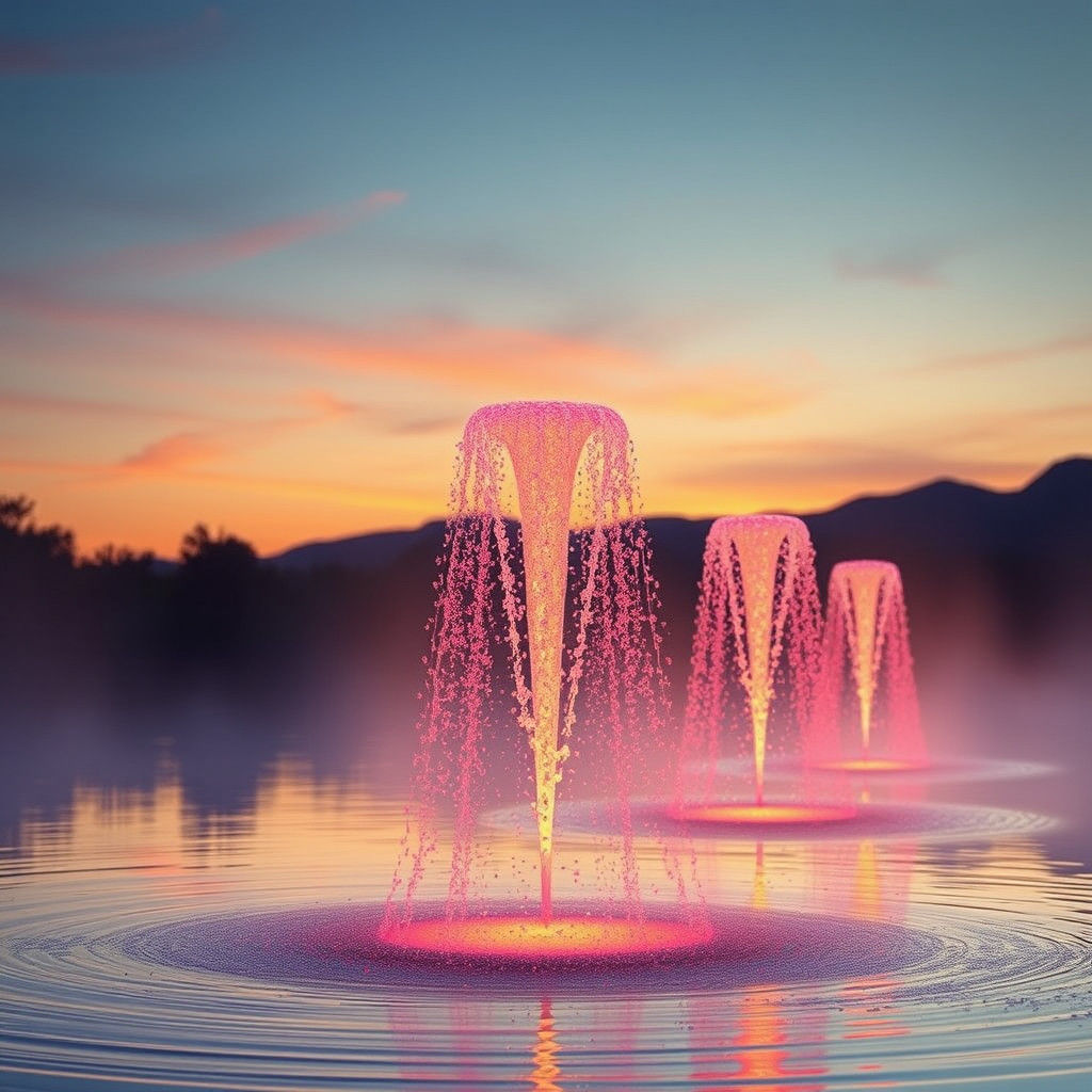 Hovering Fountains Radiate Sunrise Colors
