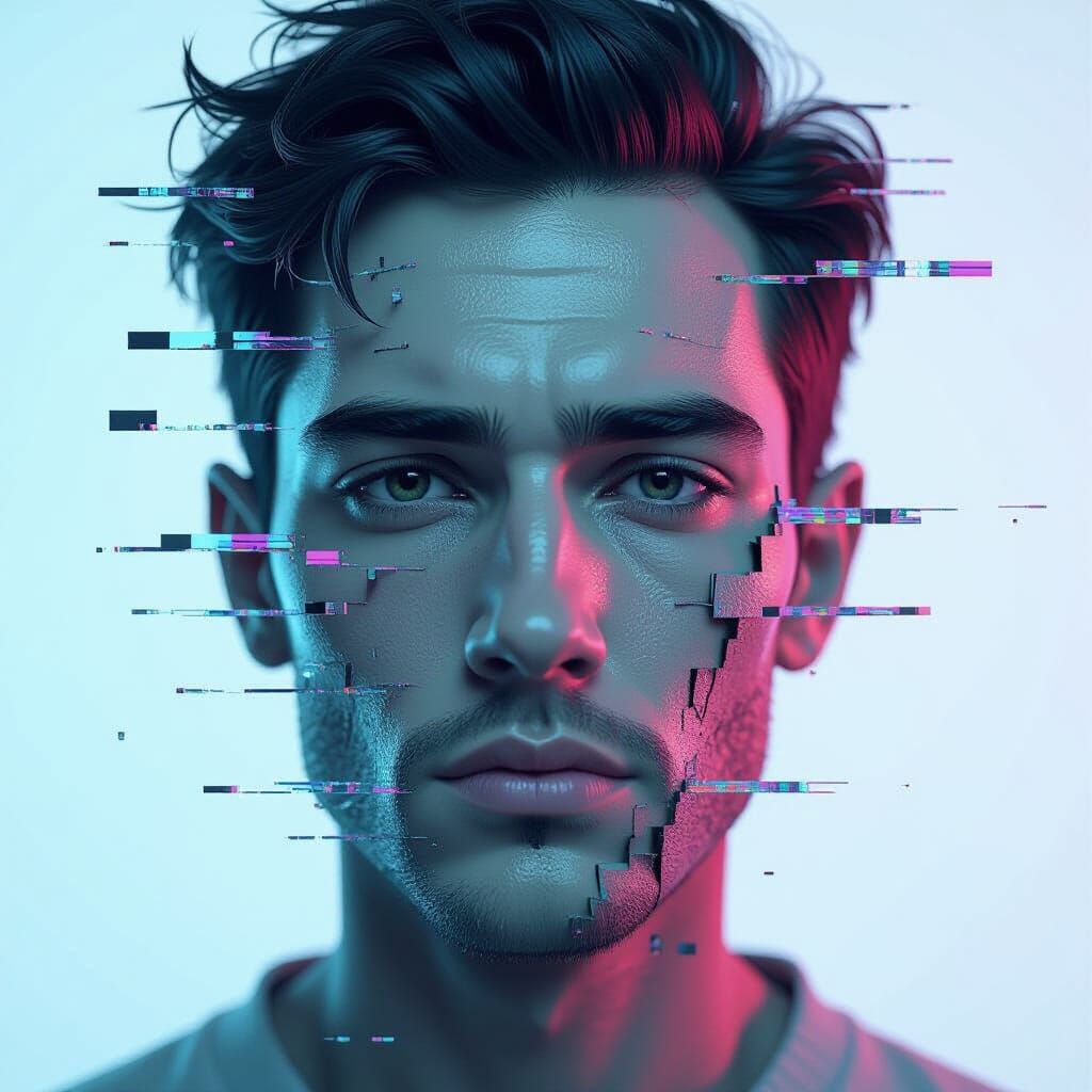 Surreal Human Face Distorted by Digital Glitch Effects