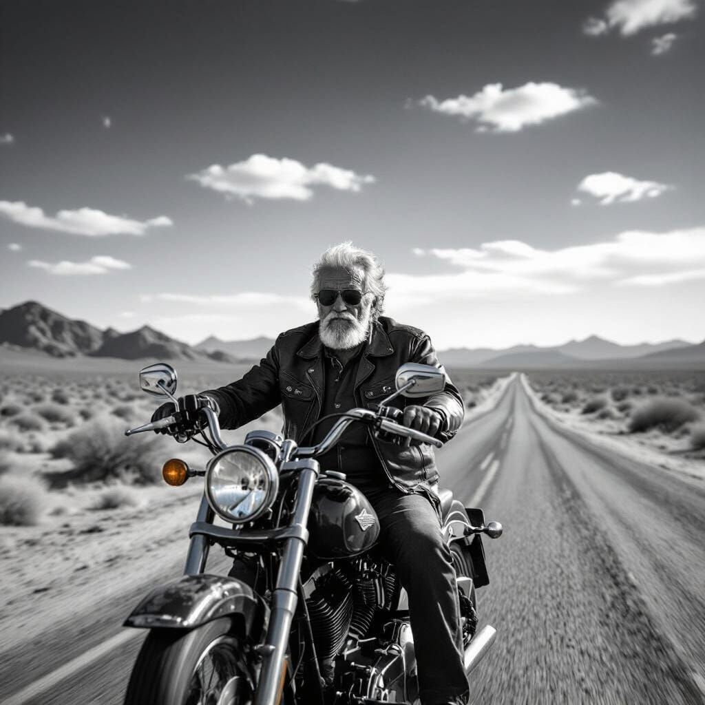 Elderly Biker Rides Harley Through Vast Desert
