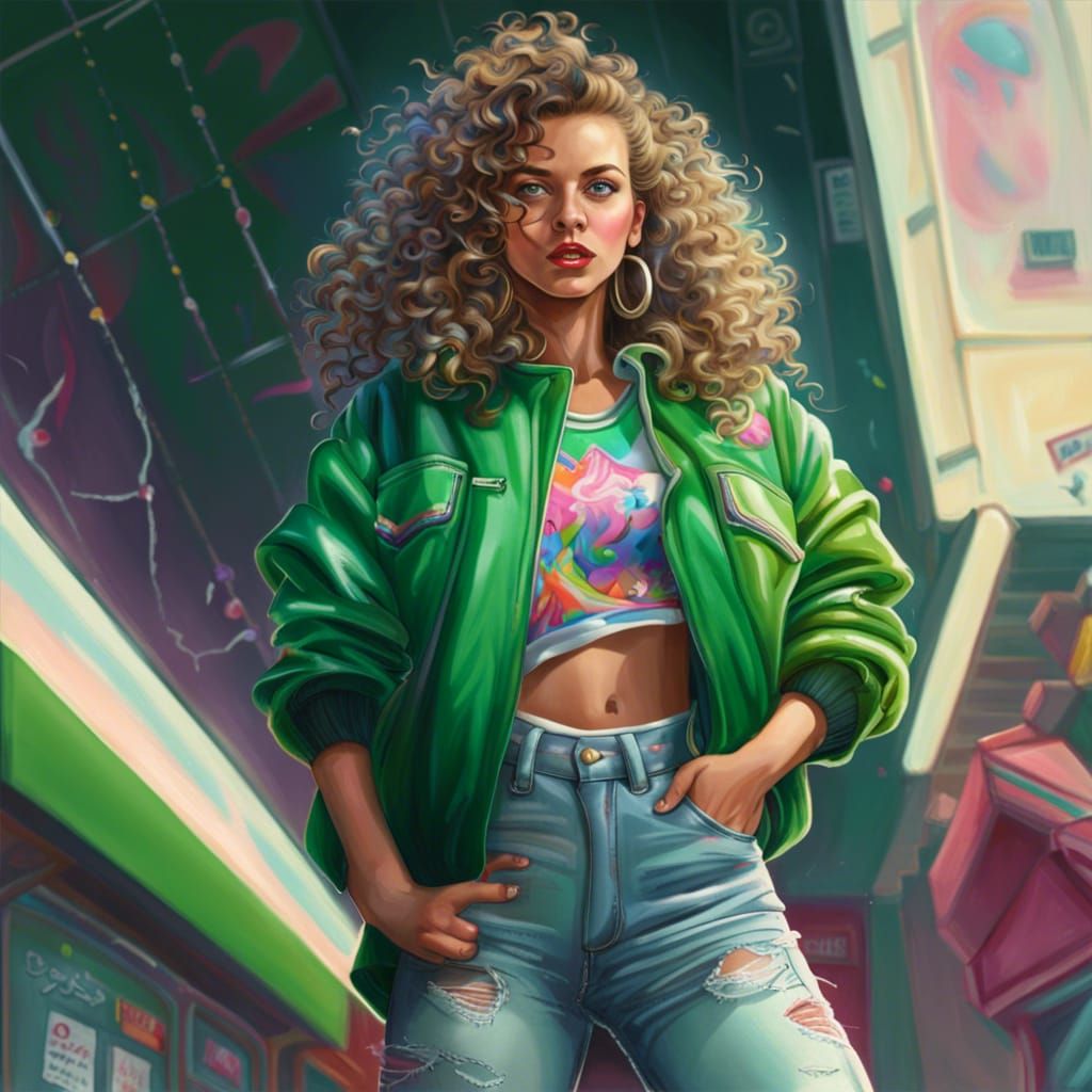 Girl in 80s Fashion Blowing Gum