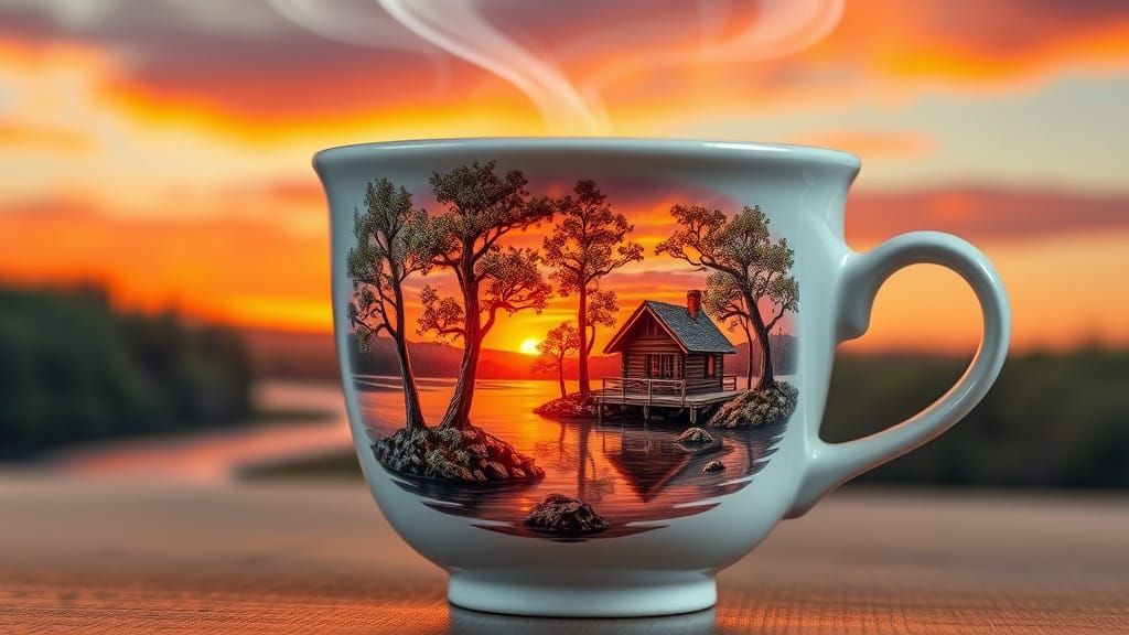 Double Exposure Coffee Cup Forest Sunrise