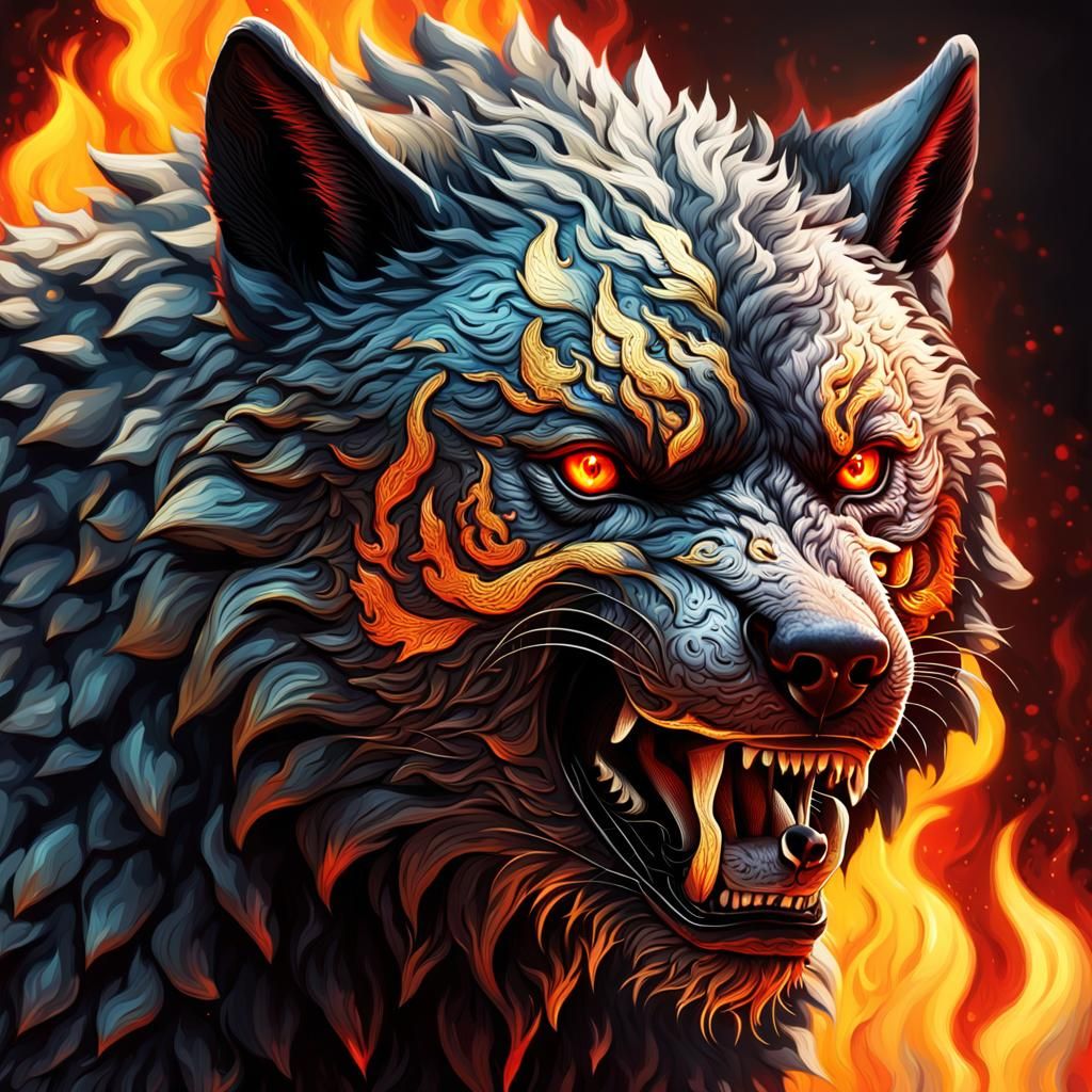 Armored Wolf with Fiery Eyes and Background
