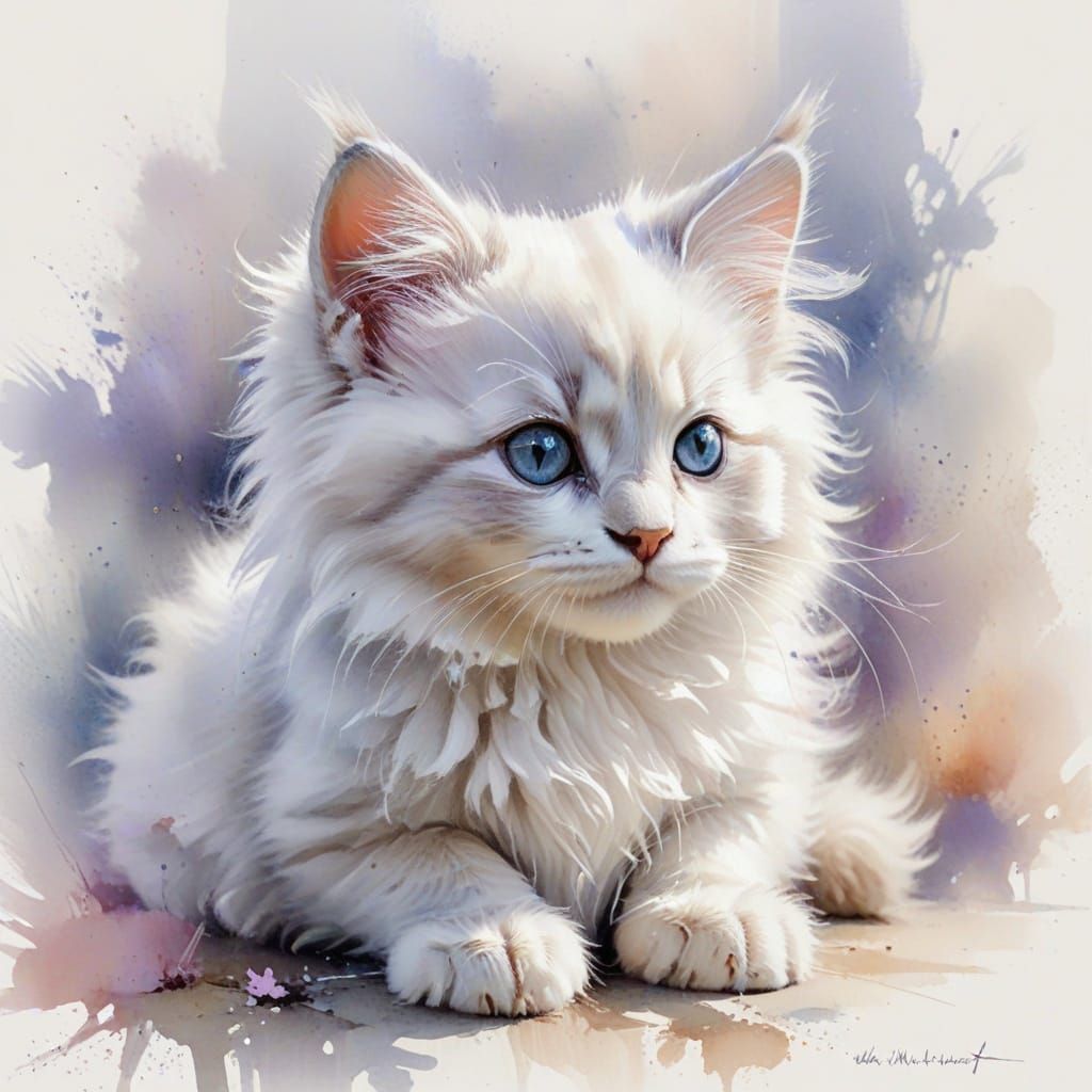 Pastel Kitten Watercolor in a Whimsical Style