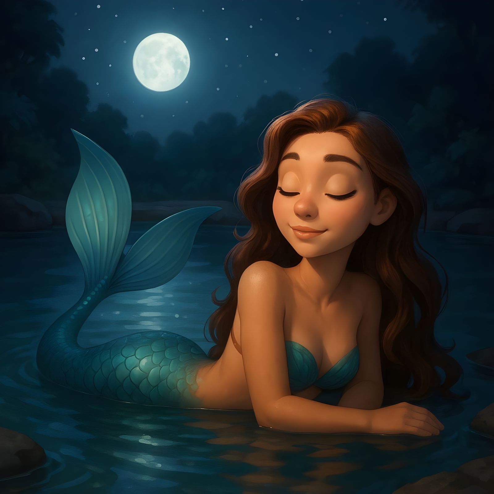 CGI Mermaid Relaxing in Peaceful Night Pool