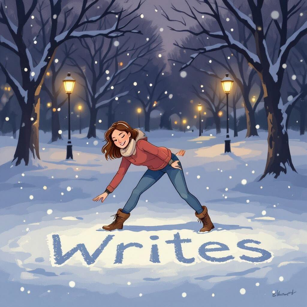 Whimsical Park Scene: Woman "Writes" Name in Snow