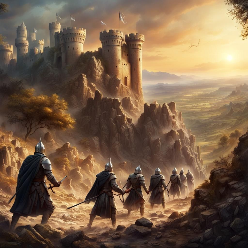 Medieval War Band Assaulting Ancient Castle Ruins