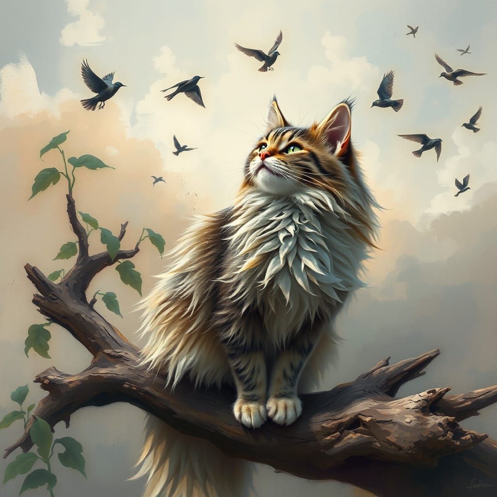 Maine Coon Cat in Ethereal Landscape with Filigree Hair