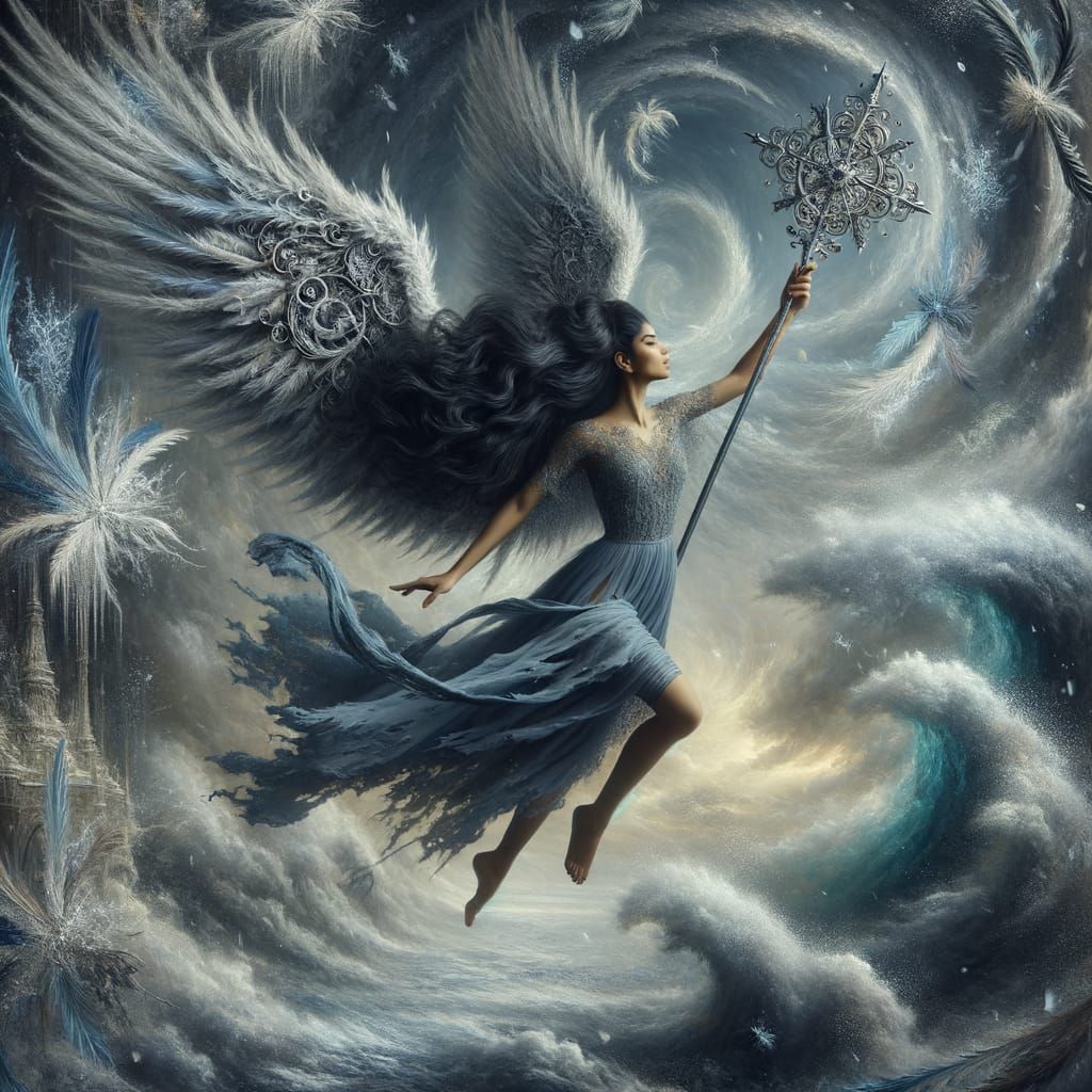 South Asian Angel in Frozen Tempest, Romantic Oil Painting