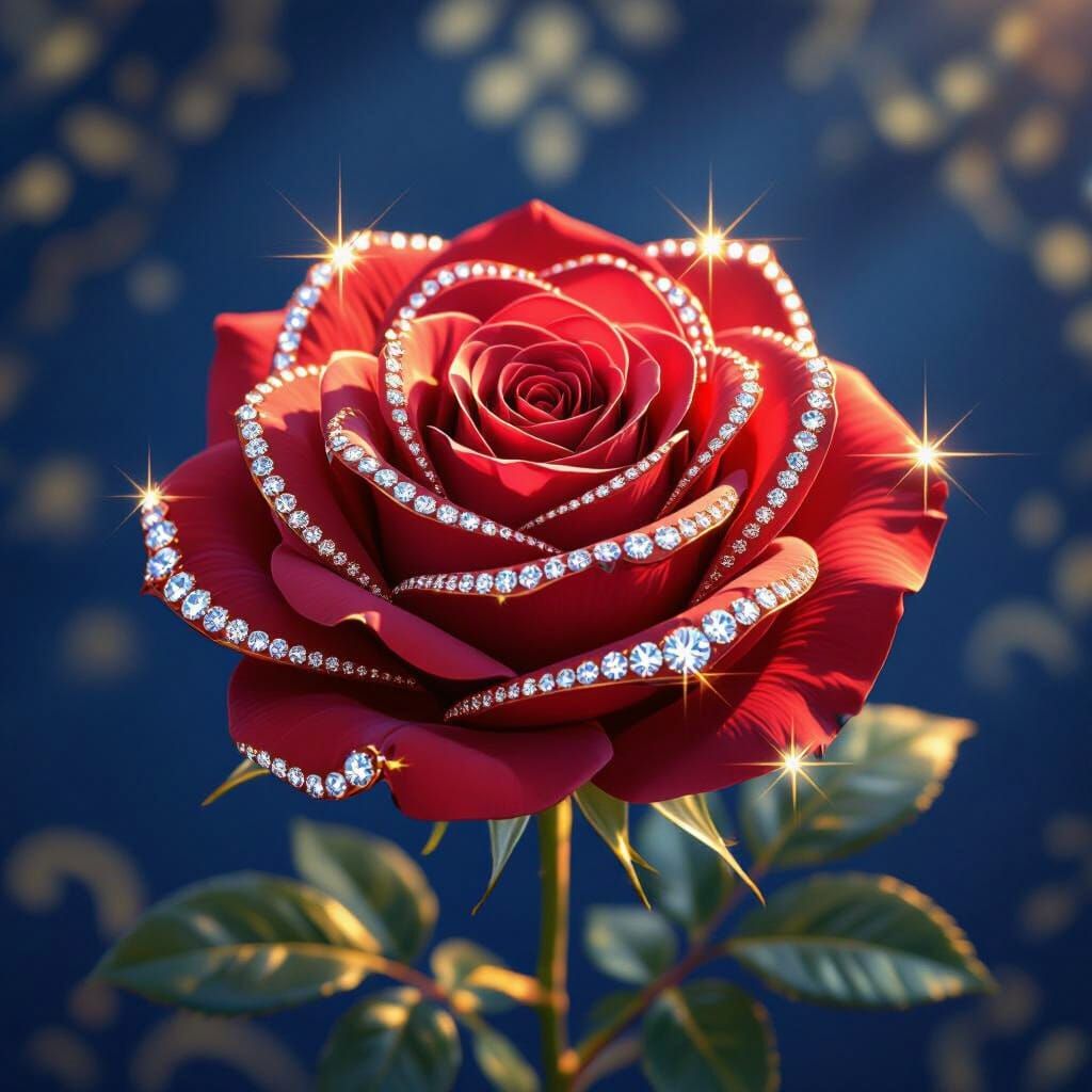 Realistic 3D Red Rose with Diamonds in Royal Setting