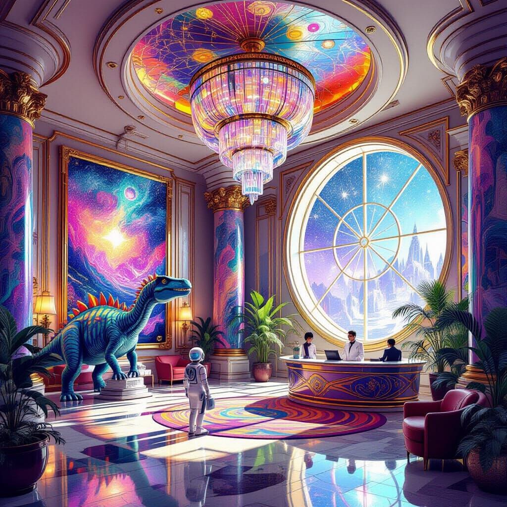 Futuristic Hotel Lobby Sketch with Dinosaurs & Robots