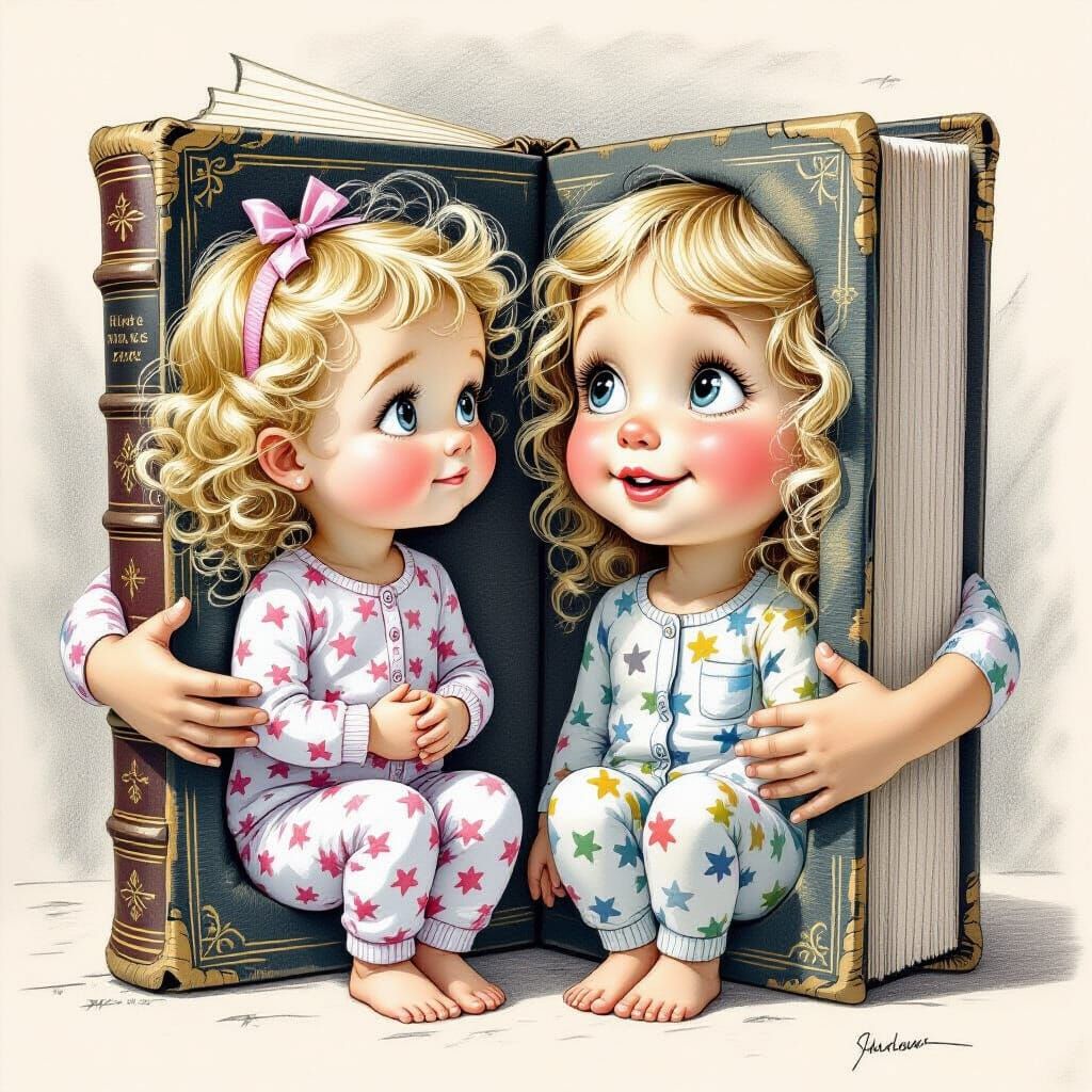 Anthropomorphic Book with Girl in Charcoal Drawing Style