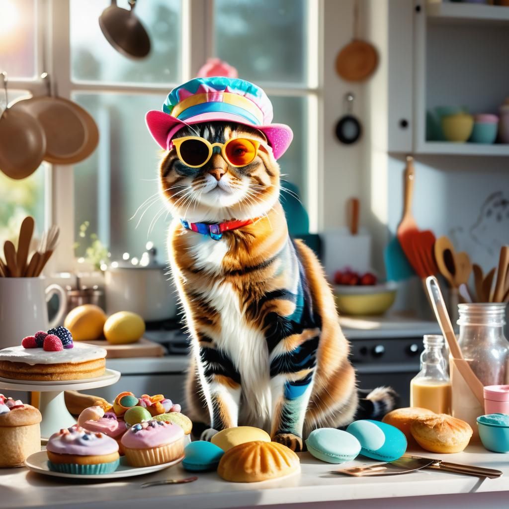 Fashionable Cat Portrait in Kitchen with Pastel Colors