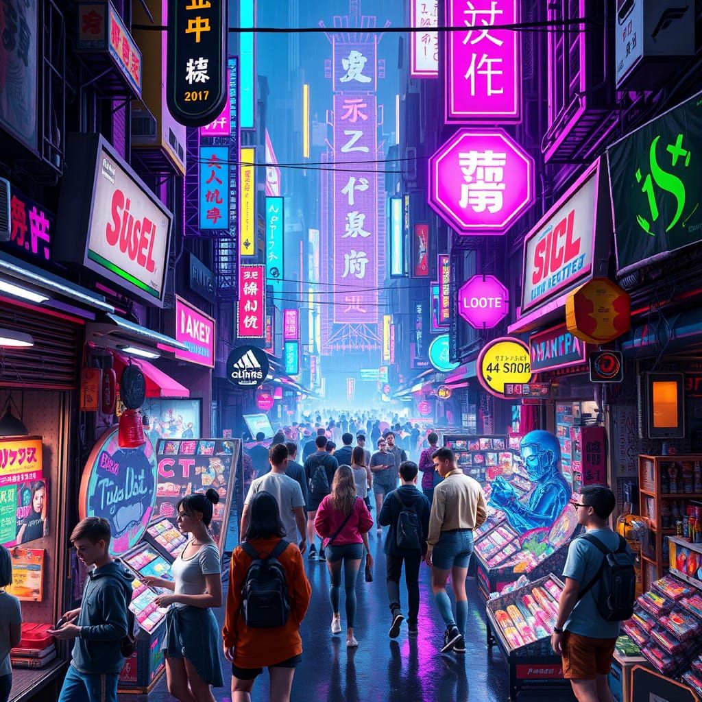 Cyberpunk Market Scene in Neon-Lit Futuristic Style