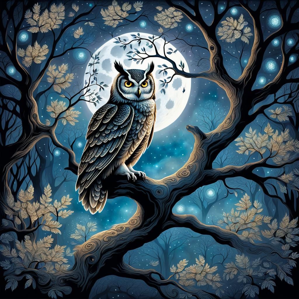 Mystical Moonlit Owl Scene with Ethereal Tree