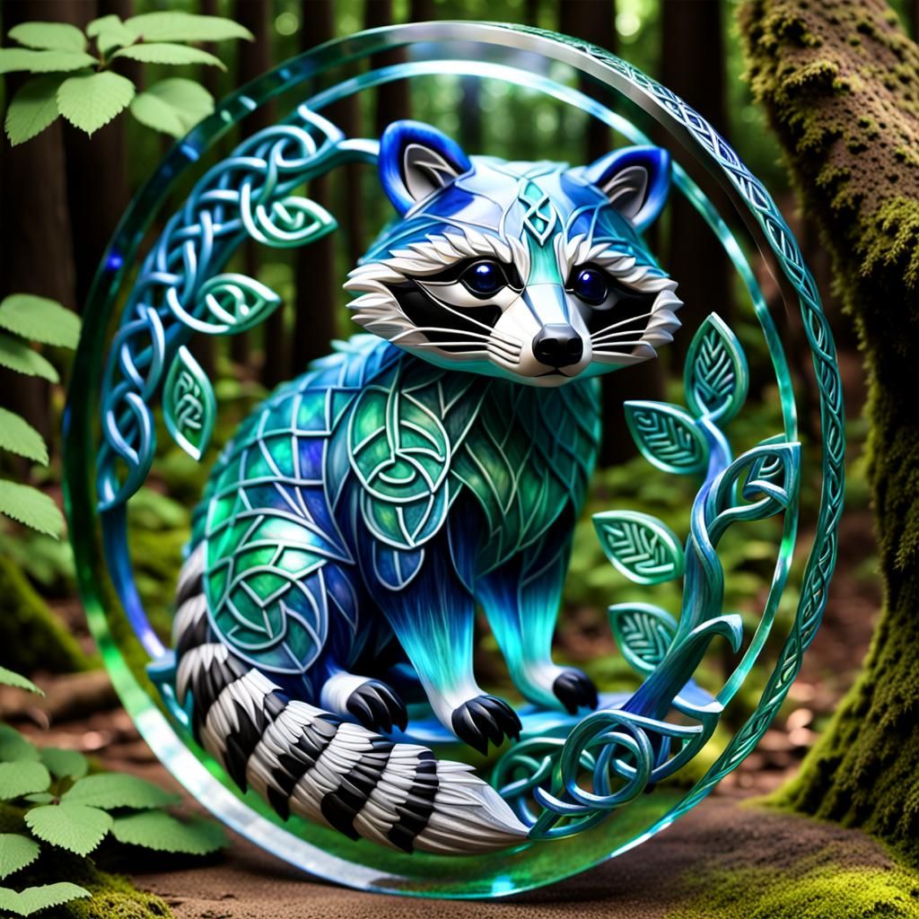 Glass Raccoon with Celtic Spiral Knotwork in Forest
