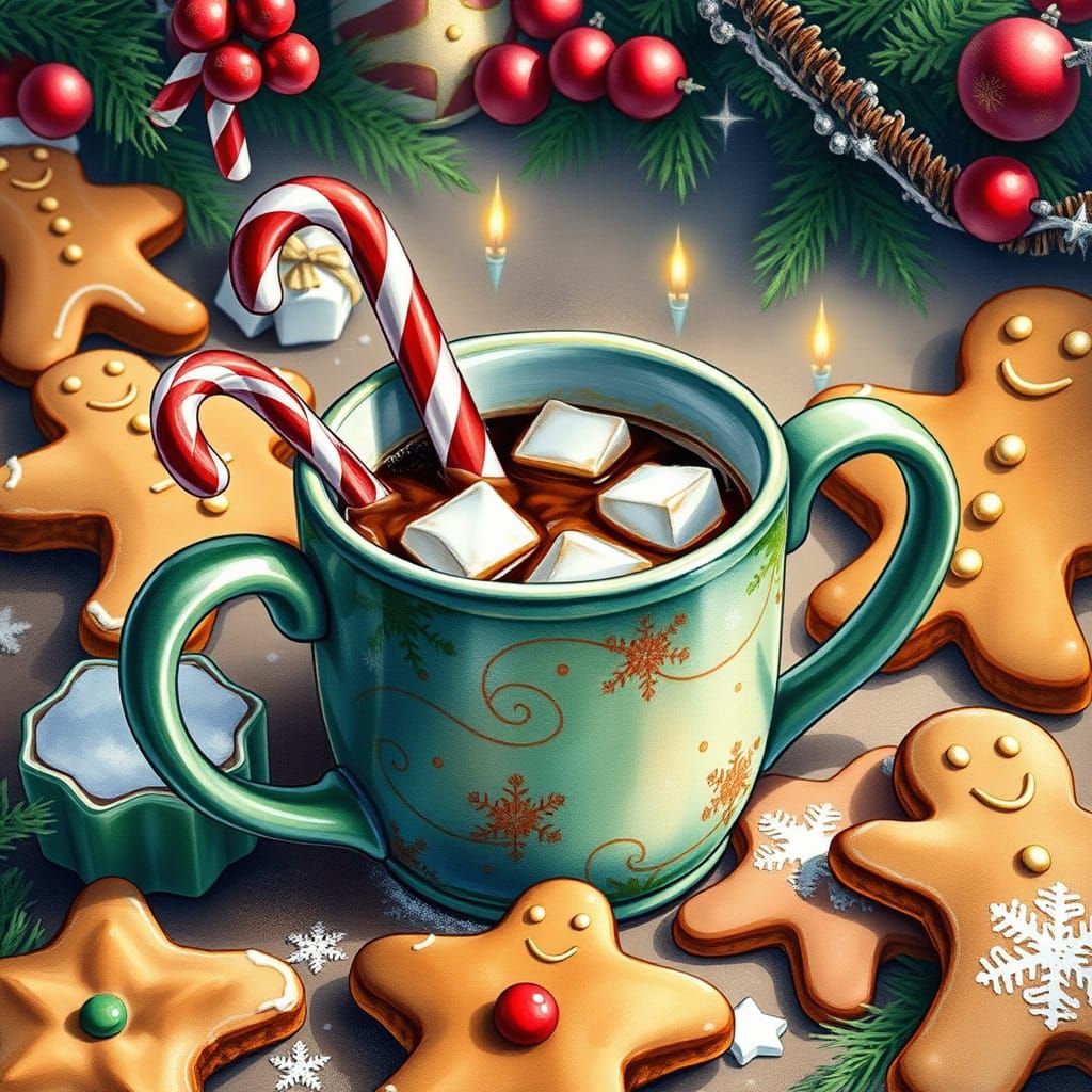 Festive Christmas Coffee Mug in Comic Watercolor Style