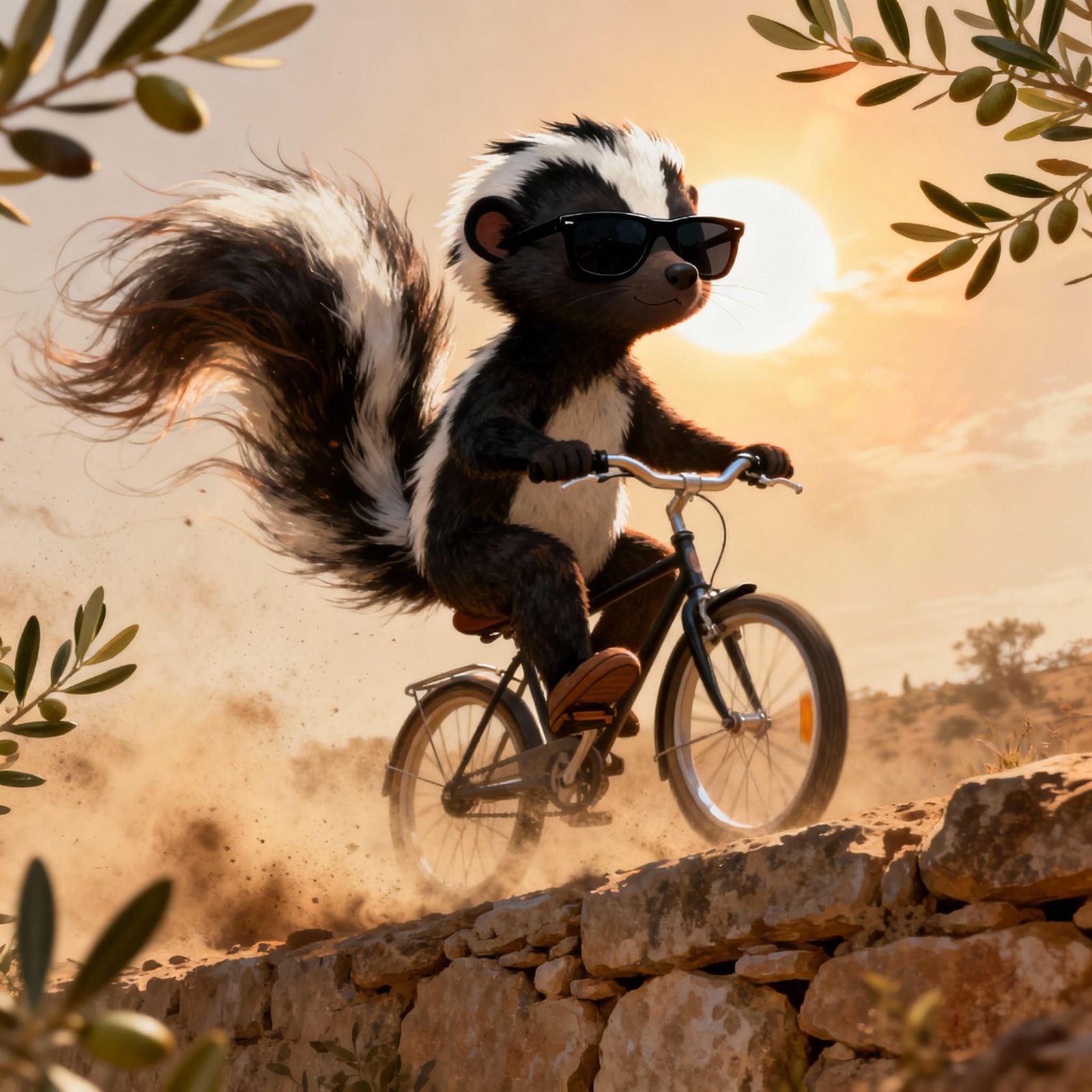 Antropomorphic Skunk Cycles on Stone Wall in Heatwave