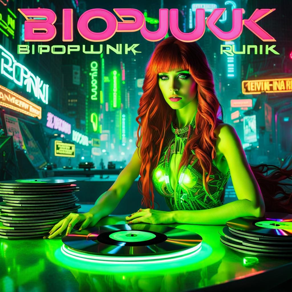 Biopunk Vinyl Cover with Neon Cyberpunk Woman