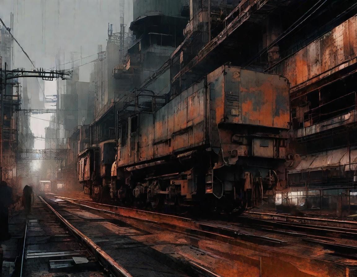 Rusty Industrial Cityscape in Cyberpunk Double Exposure