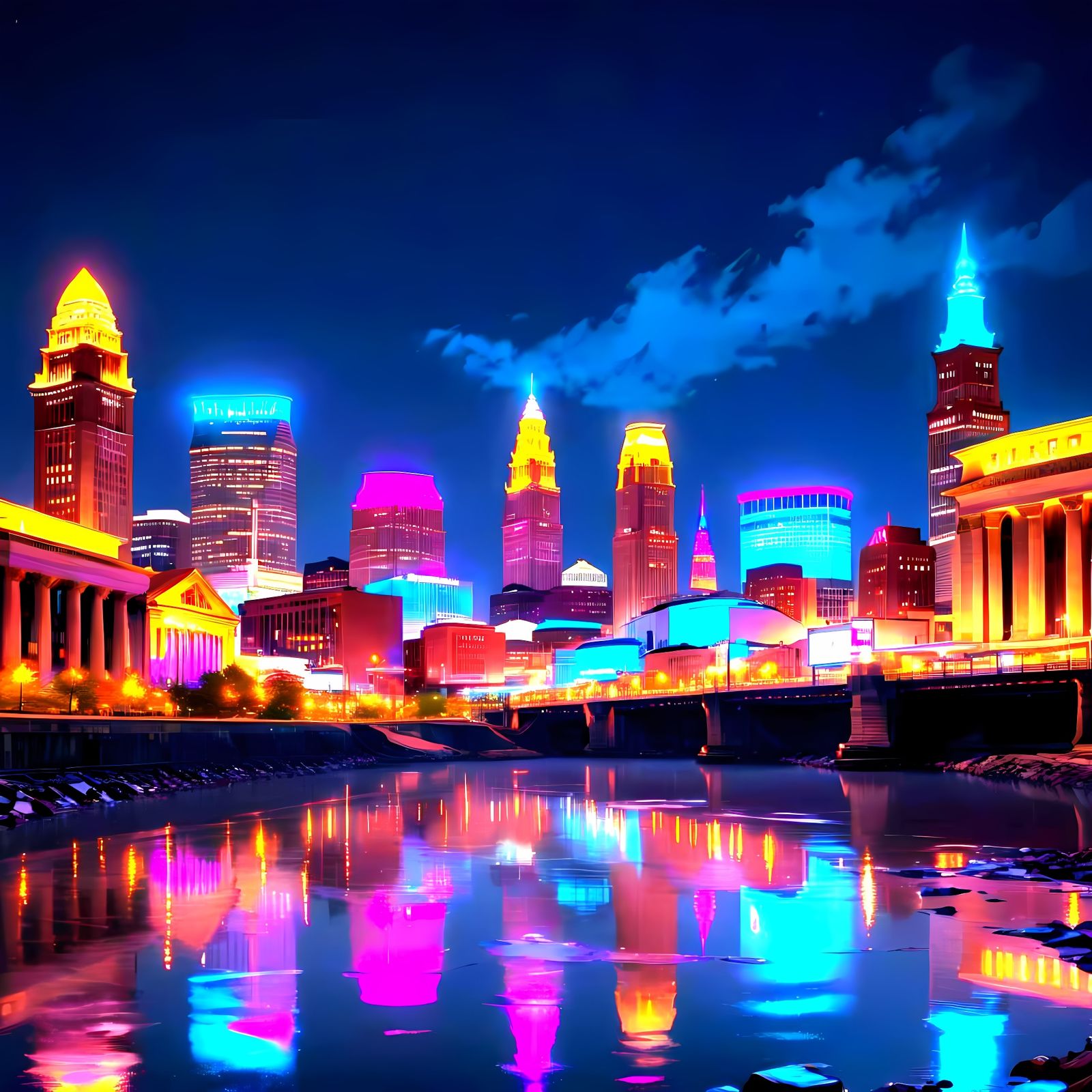 Cleveland Ohio Skyline at Night in Hyperrealism