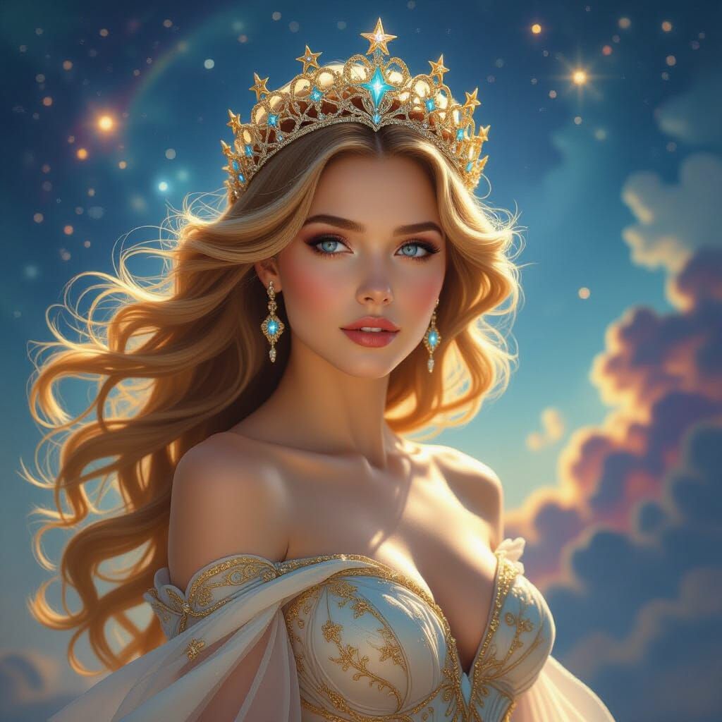 Celestial Woman with Golden Hair and Star Crown