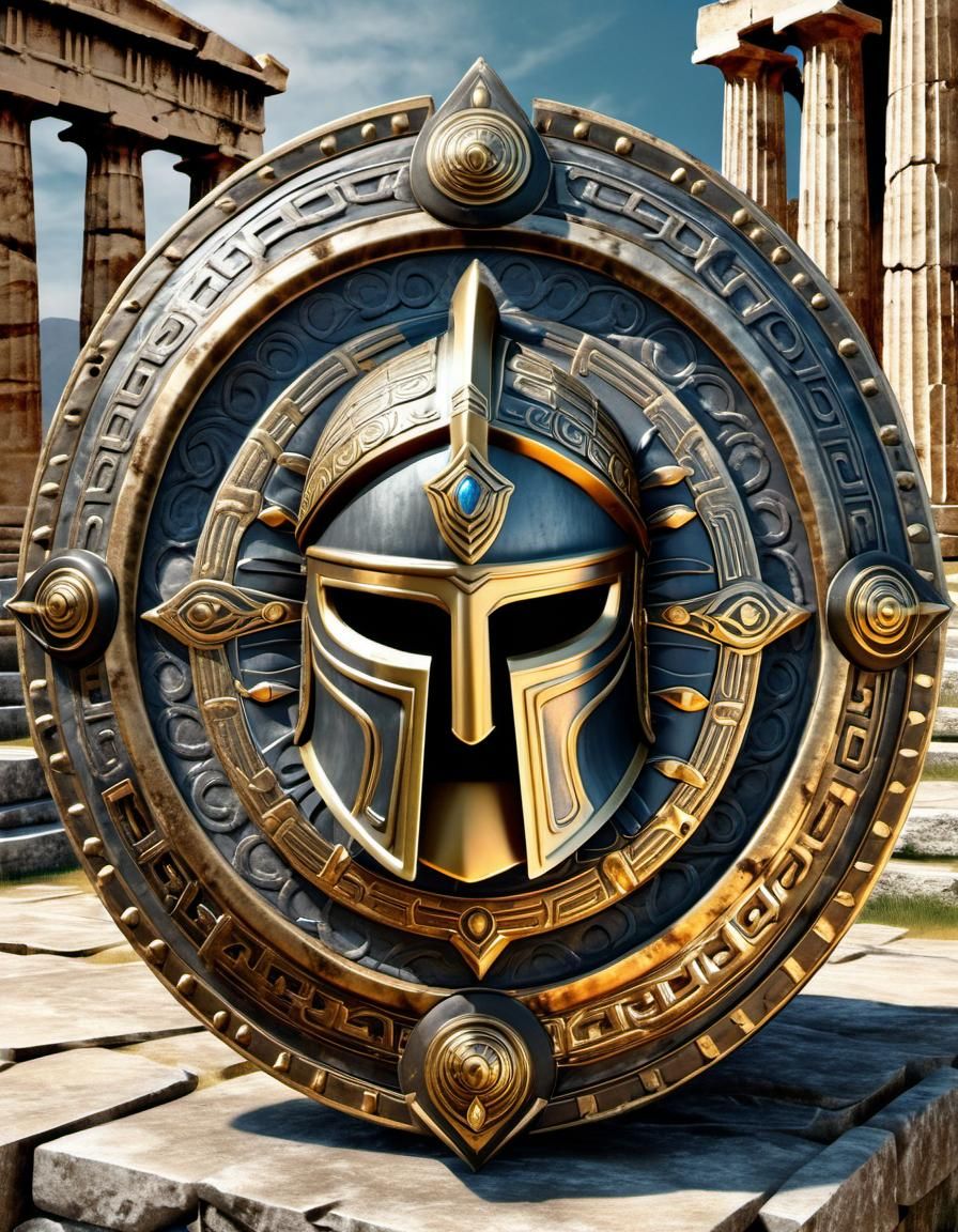 Detailed closeup; well framed,  Greek hoplite shield guardian, , fantasy style, intricate design; digital drawing. Armor...