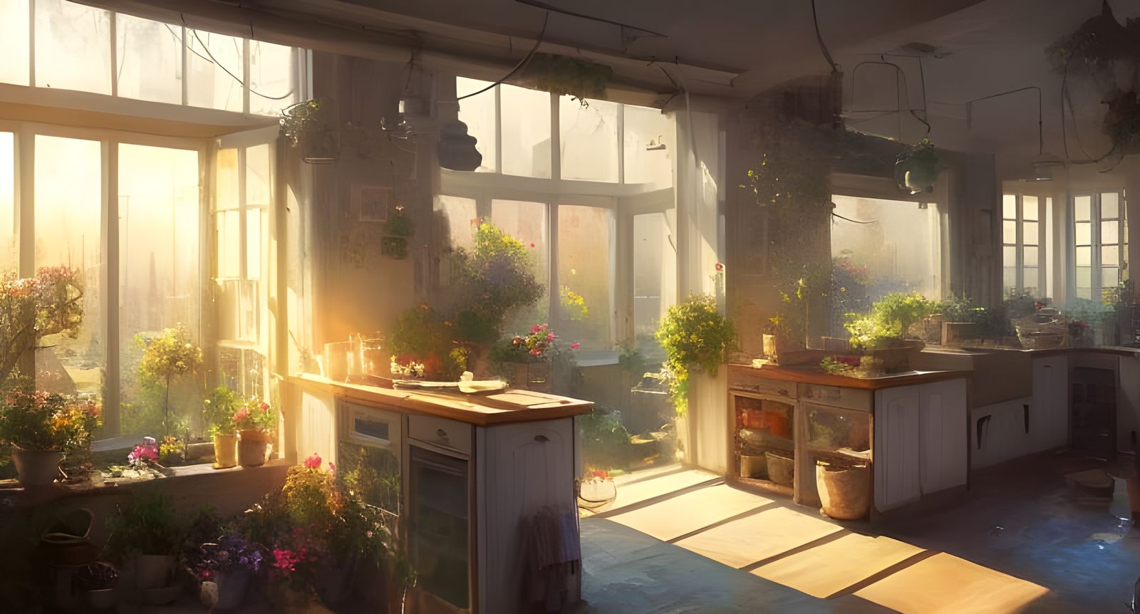 Cozy Kitchen with Flower Garden in Morning Light