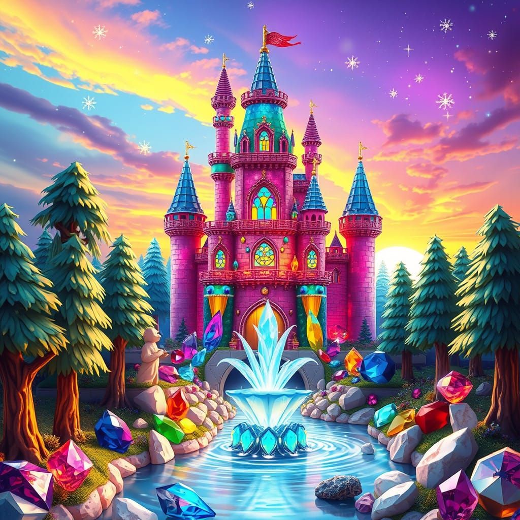 Vibrant Whimsical Gemstone Castle in Candy Art Style