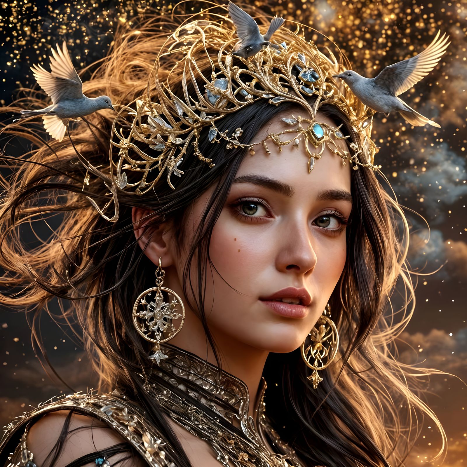 Dreamlike Woman with Sky and Stars in Surreal Style