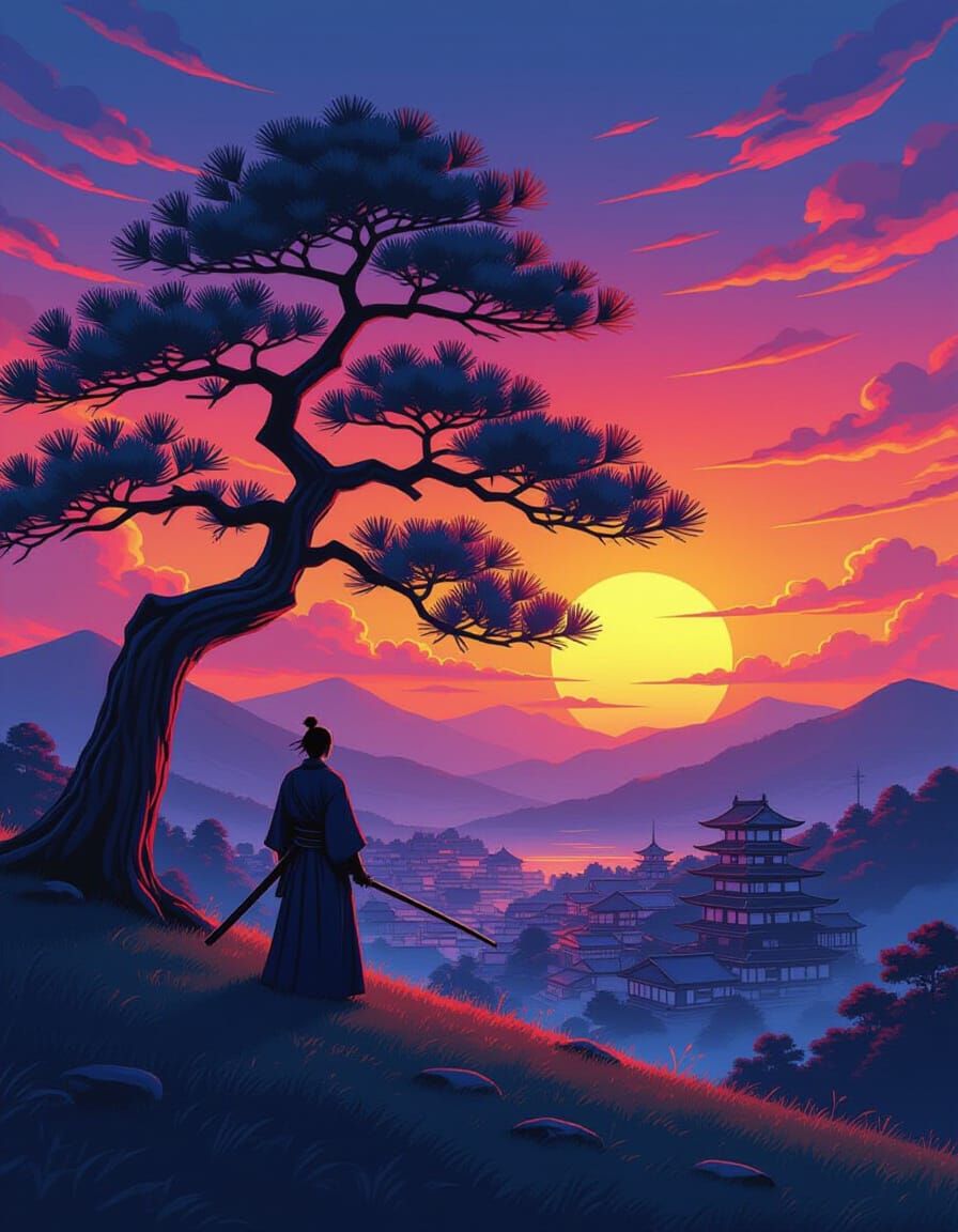 Samurai Overlooking Village in Neon Synthwave Anime Style