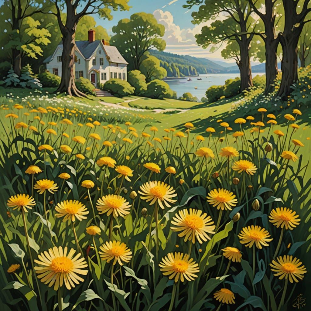 Vibrant Dandelion Meadow in a Dreamlike Light