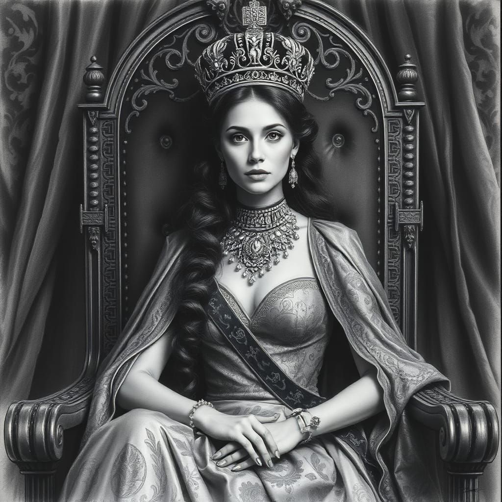 Majestic Queen in Hyperrealistic Charcoal Drawing