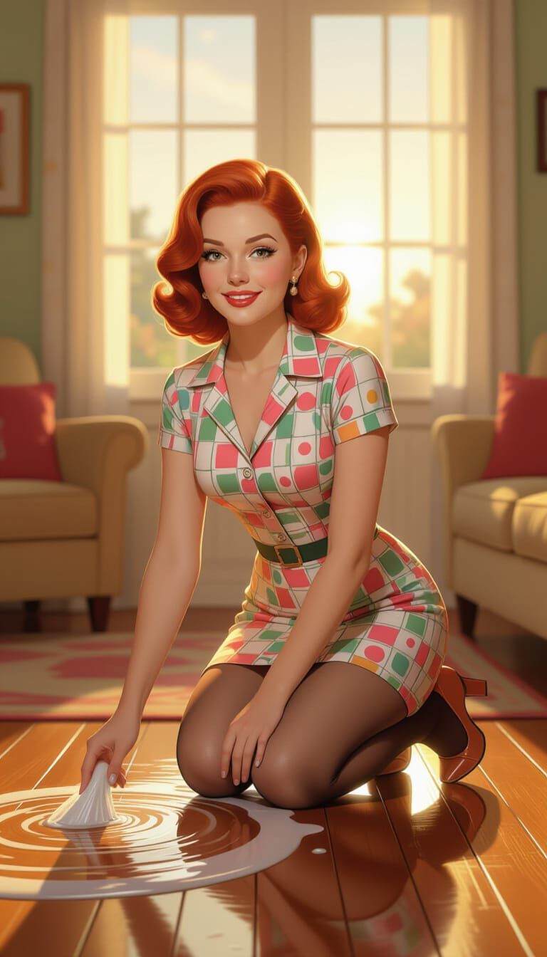 Cozy Redhead Housewife Washes Floor at Sunrise